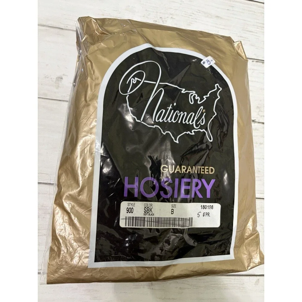 Vintage National Hosiery 5 Pair Soft Black Size B USA NOS Stockings Nylon/Lycra